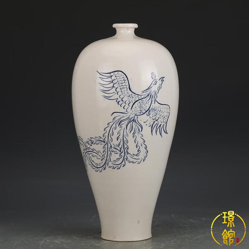 璟馆宋定窑青花凤纹梅瓶办公桌摆件陶瓷摆件老货收藏真品旧货仿古瓷器