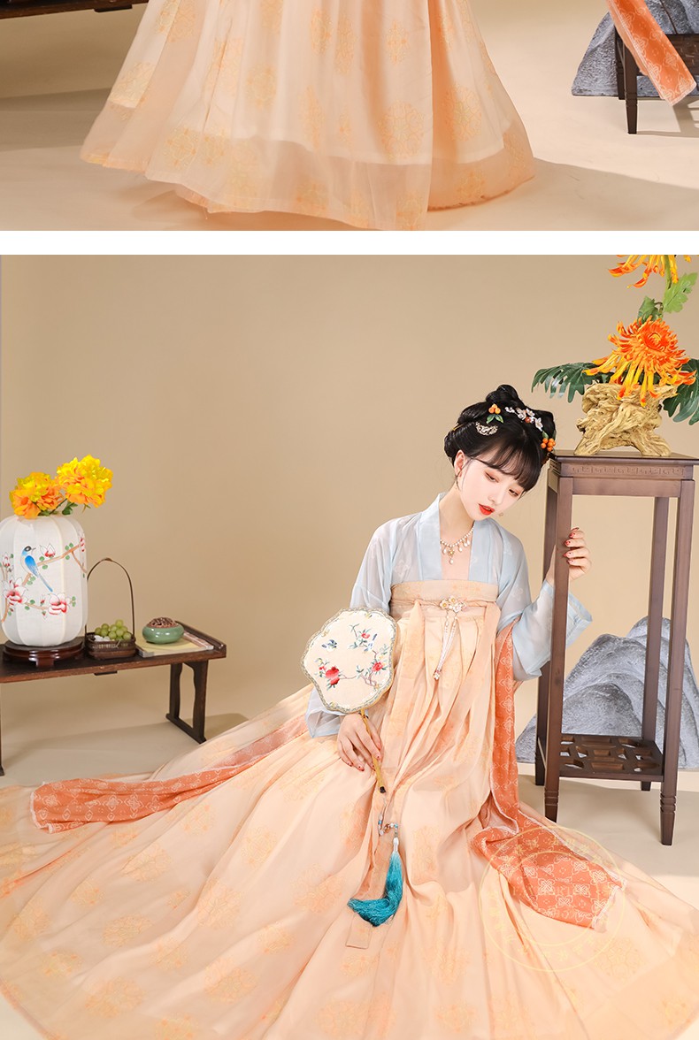 汉服女唐制齐胸唐风一片式襦裙夏季全套 【庭橘】_橙色上杉 雾霾蓝下