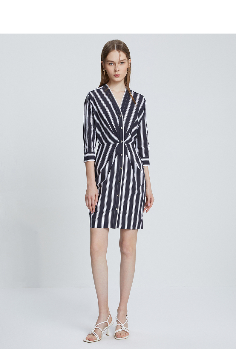 朗姿x型显瘦条纹裙子2021年早春法式新款衬衫连衣裙女设计感小众 黑色