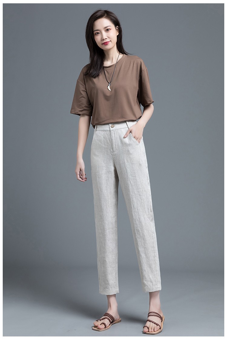 梦舒雅棉麻休闲裤女2022夏季薄款亚麻女裤九分小脚哈伦裤宽松大码萝卜