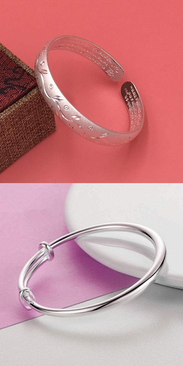 七夕情人节银手镯女实心开口s999心经足银镯子送妈妈银饰品生日礼物