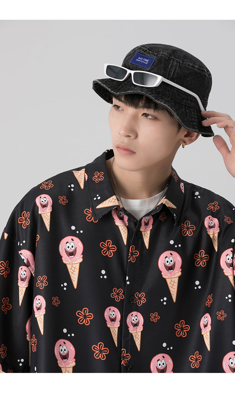 boybees潮牌余文乐2022年夏季日系清新男士衬衫时尚冰淇淋印花宽松