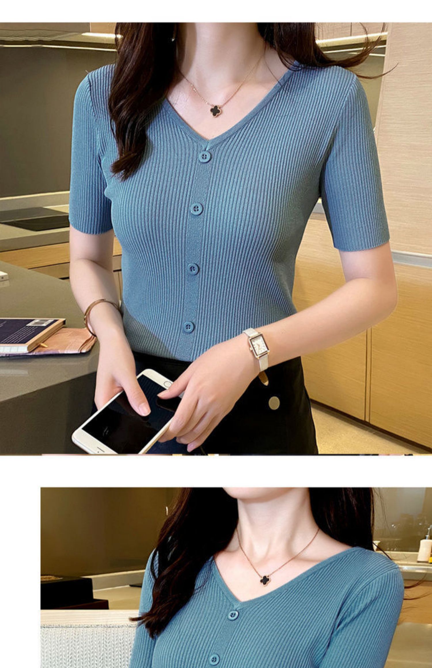 品质v领冰丝t恤女士短袖夏季薄款新款修身套头色打底衫针织衫上衣女