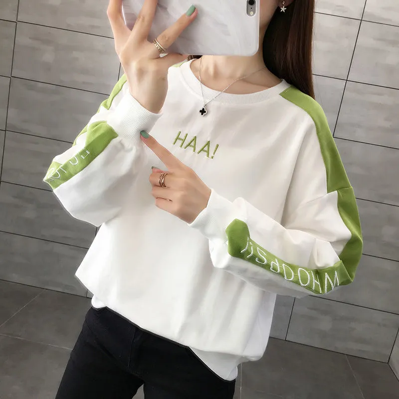 [Women's sweater new style] Cotton embroidered sweater women's 2021 new trendy ins T-shirt long-sleeved top female student loose spring and autumn all-match 302 green L