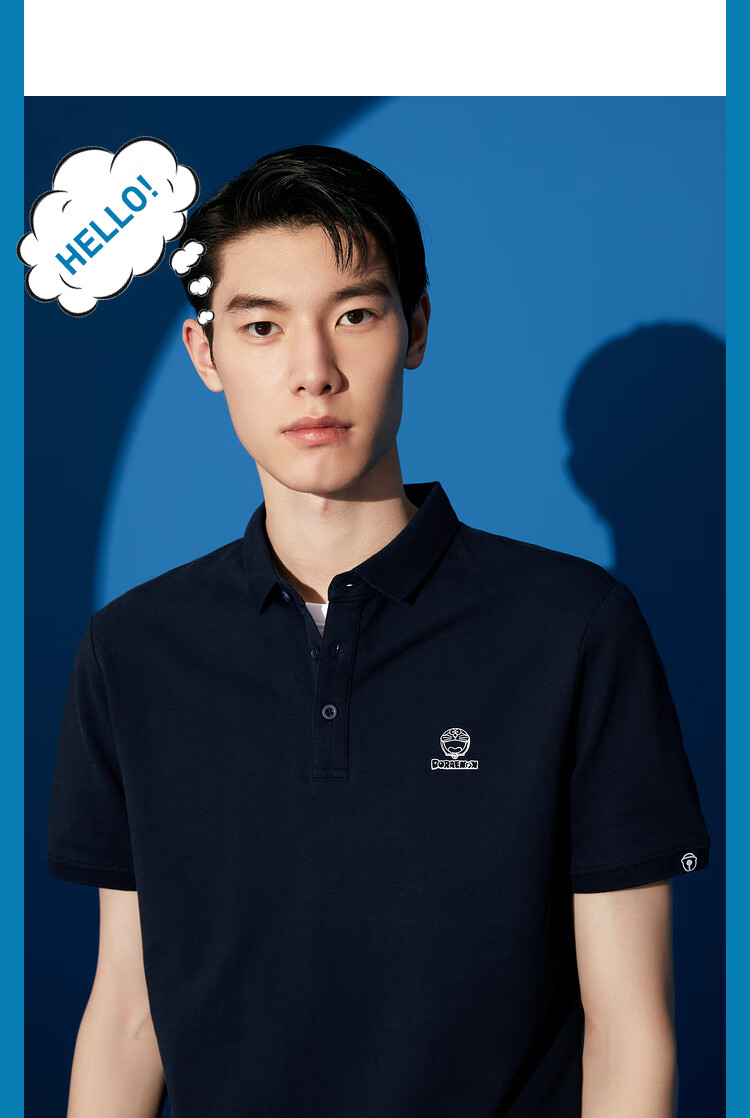 hla/海澜之家哆啦a梦系列polo衫2021夏含新疆棉半开襟黑色短袖男 藏青