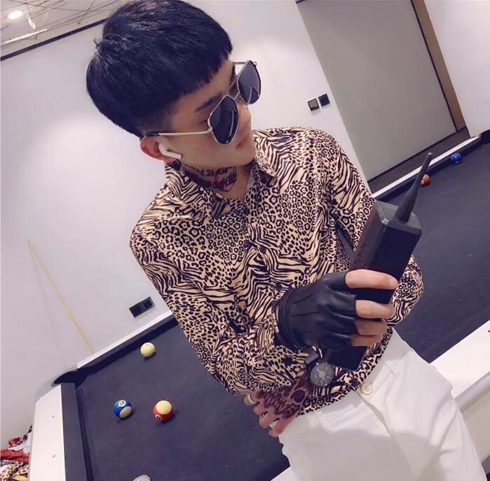 发型师花衬衫男长袖修身潮流社会人衣服个性网红帅气衬衫男装sn4077