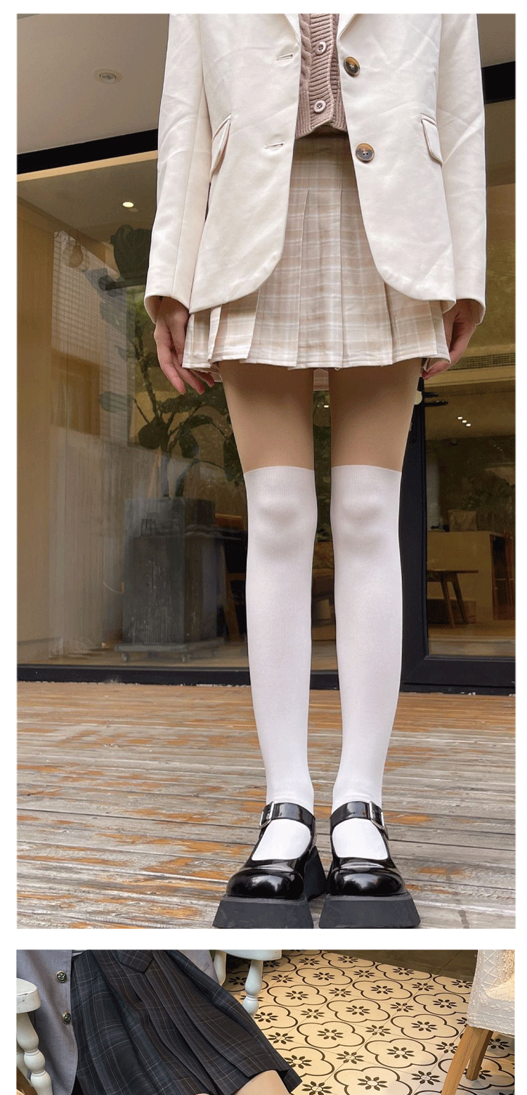 秋冬少女白丝欲假高筒袜腿袜假两件白色袜子中筒袜新品 黑过膝加绒