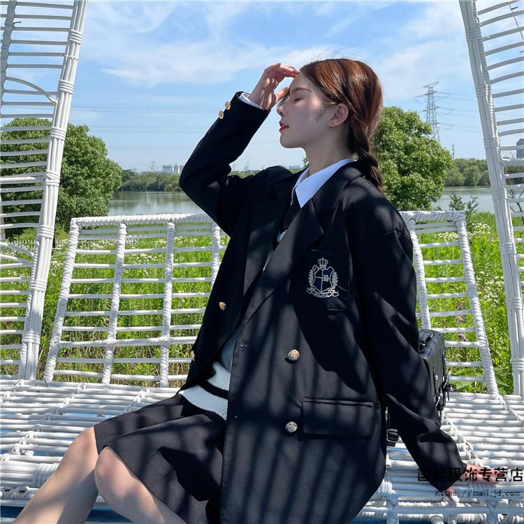 dk制服男女双排扣西装宽松休闲2021年新款学生jk套装外套情侣秋季 黑