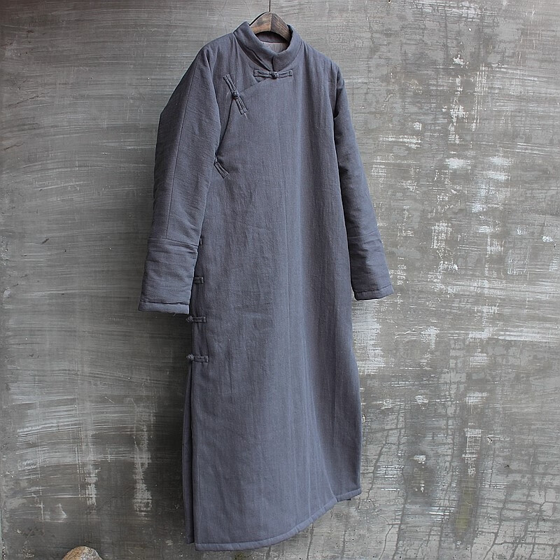 冬亚麻棉袍男立领棉衣中国风大码棉袄长款唐装盘扣大襟斜襟民国 黑色