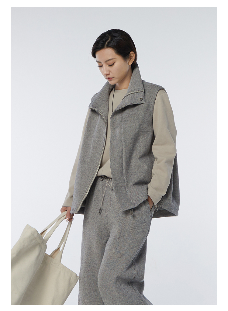 竹林石屋秋冬女士立领马甲竖条纹显瘦无袖通勤百搭宽松时尚百搭外穿