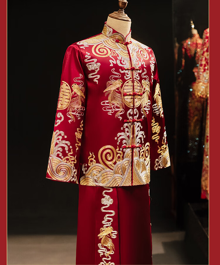 romon秀禾服新郎中式礼服接亲服婚礼敬酒服唐装马褂龙凤褂大码酒红色s