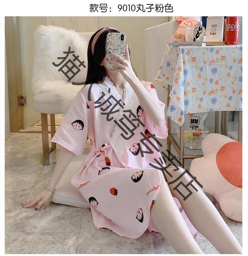 猫人睡裙女夏季棉纱布和服睡袍棉麻薄款日系浴袍汗蒸服甜美和风睡衣