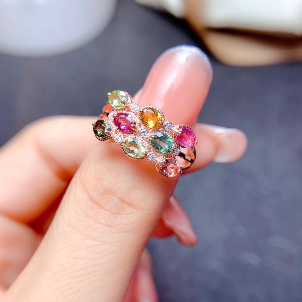 炫熙糖果色碧玺戒指女时尚气质颜色鲜艳晶体好925银镀18镶嵌碧玺戒指