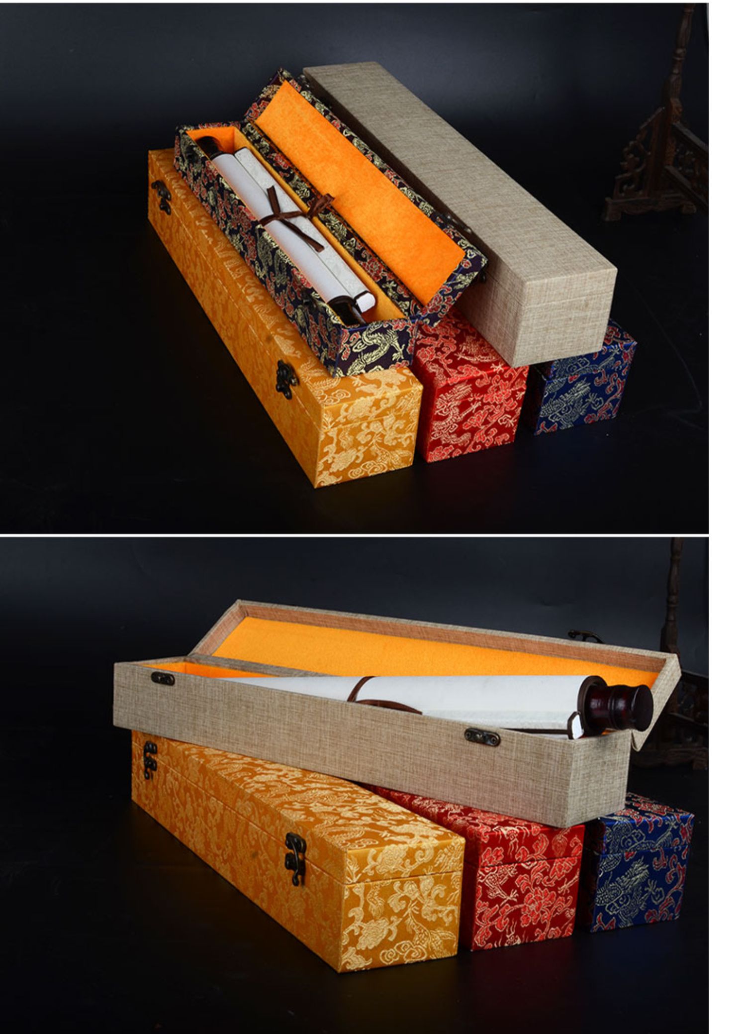 定制批发书画礼品包装收藏收纳礼盒子装裱卷轴锦盒黄龙麻布古典全包锦