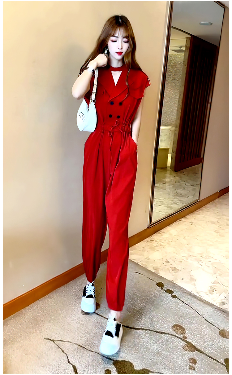 翰度红色领无袖连体裤女2022年夏装新款小个子收腰系带垫肩小脚裤潮