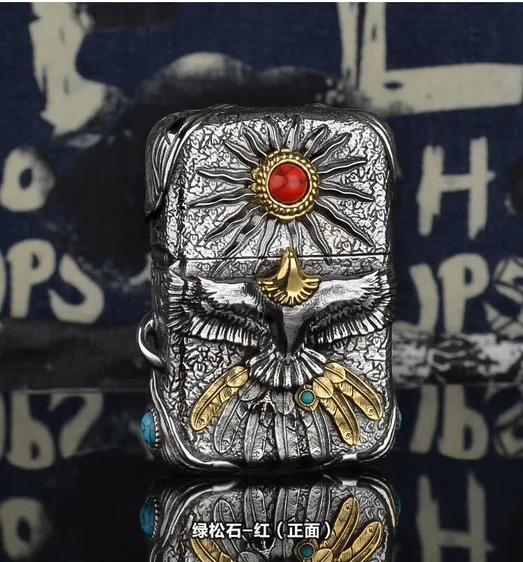 【情人节礼物】zippo打火机烈日雄鹰印第安绿松石重盔甲六面雕刻煤油