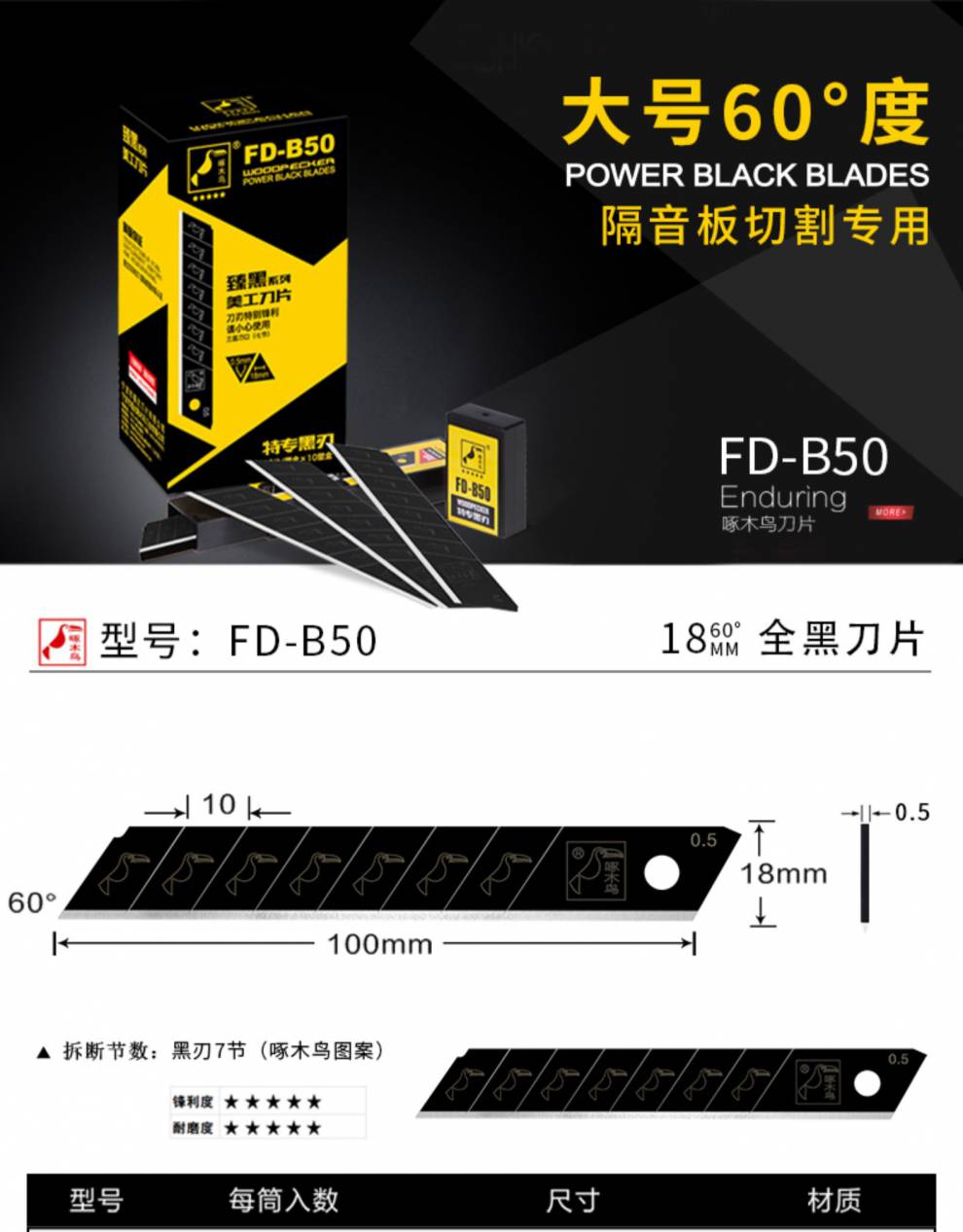 啄木鸟全黑刃美工刀片中小大号各规格墙纸壁纸锋利介刀片创生10片18mm