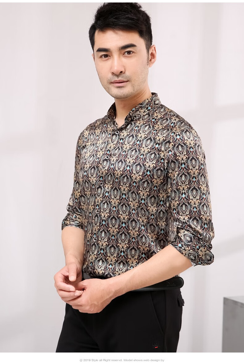 真丝衬衫男长袖2020春夏新款男装桑蚕丝衬衣商务休闲印花丝绸寸衫上衣