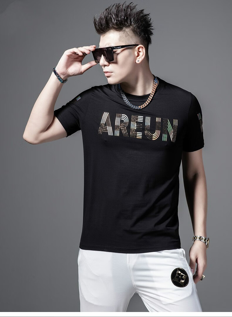hteec香港潮牌短袖男夏季新款冰感潮流修身港风字母烫钻纯棉t恤男黑色