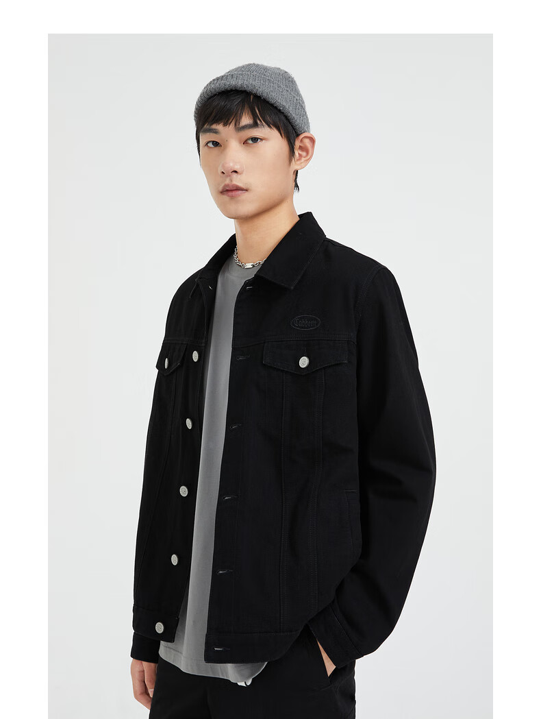 cabbeen/卡宾男装黑色刺绣牛仔夹克2021新款摇粒绒拼接保暖翻领a 煤
