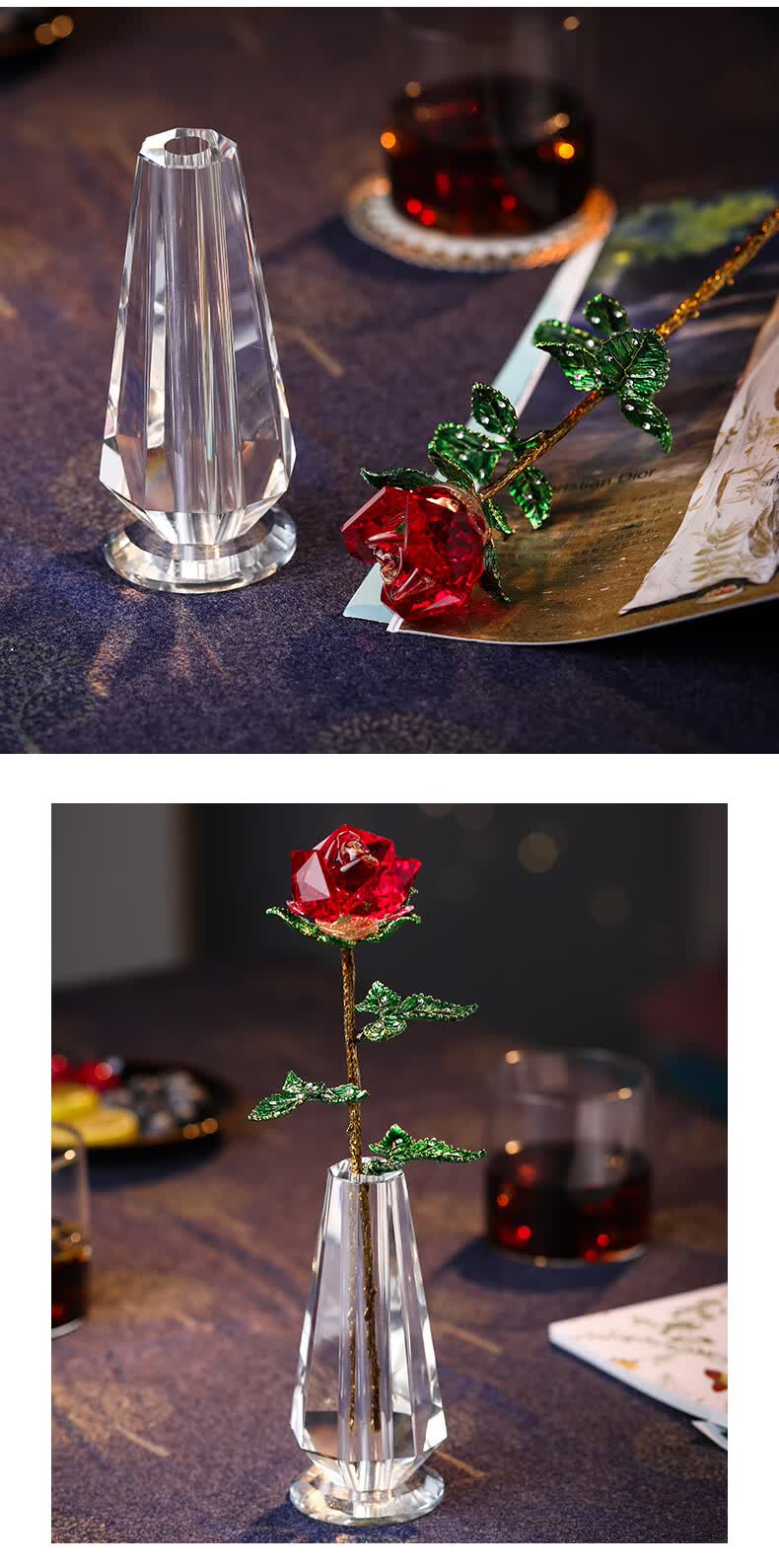 水晶玫瑰花七夕情人节干花仿真永生花摆件创意送女友闺蜜生日礼物水晶