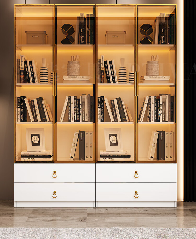 豪优锐书柜带门轻奢现代网红落地带玻璃门储物柜轻奢一体整墙客厅置物