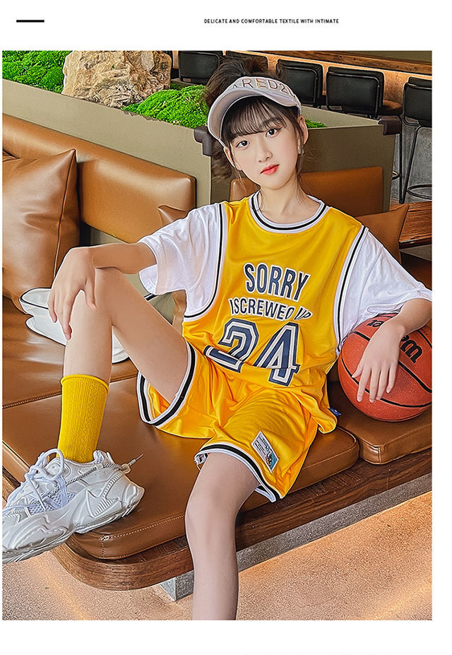 假两件篮球衣女生夏装初中生篮球服篮球服球衣夏装套装速干假两件女生