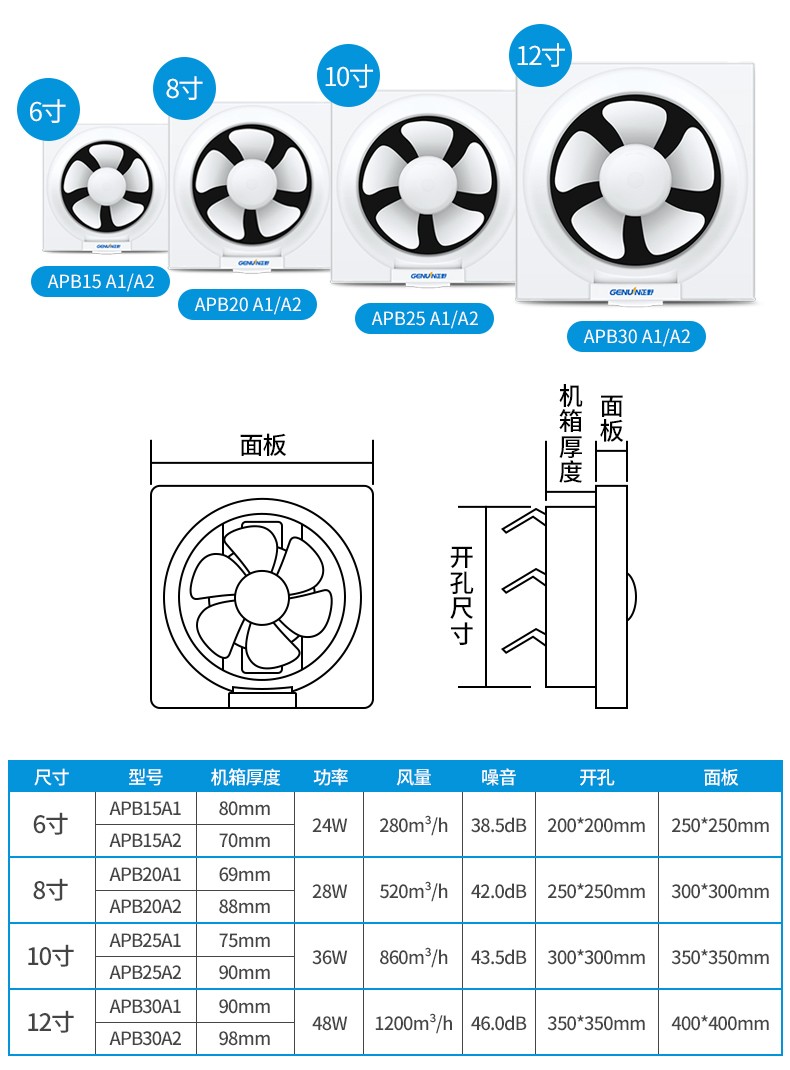 正野genuinapba1橱窗式墙壁式8寸排气扇客厅厨房浴室卫生间强力静音