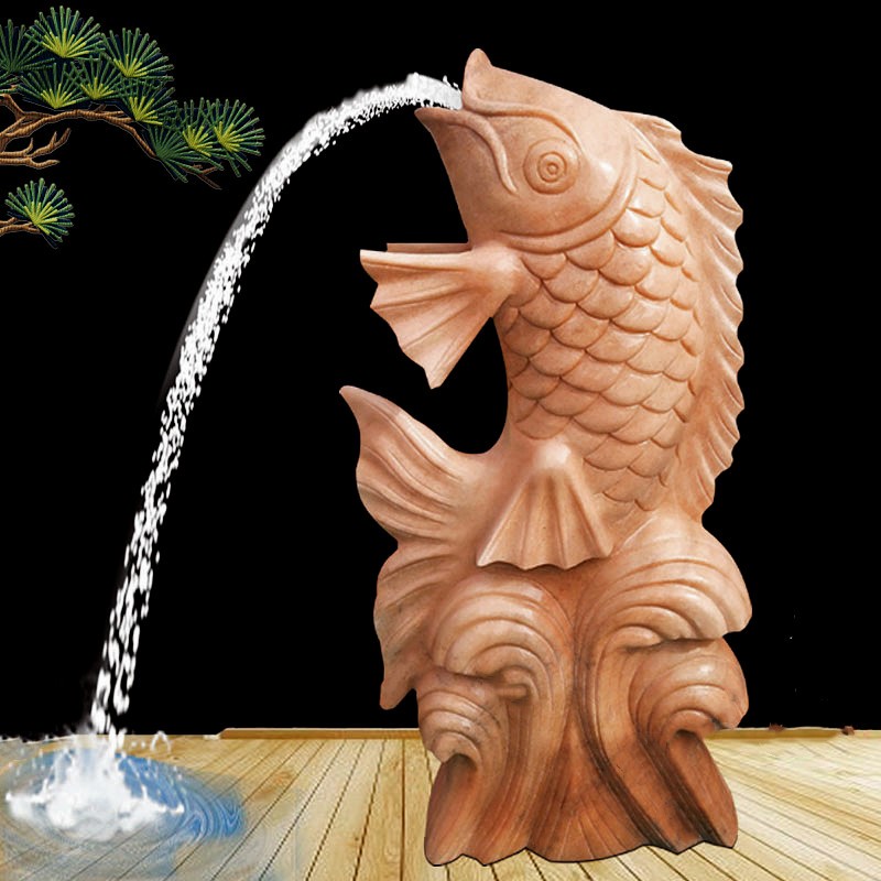 石雕喷水鱼摆件晚霞红鲤鱼红石头雕刻青石喷水鲤鱼吐水庭院喷泉流水