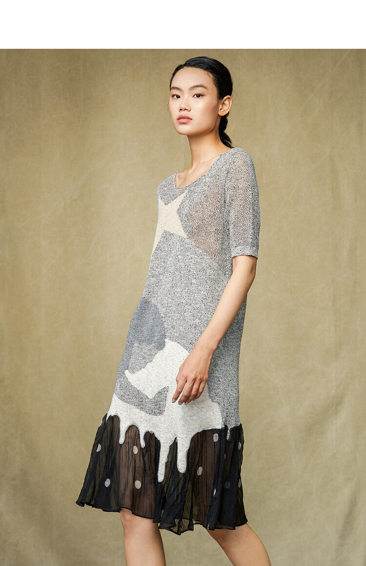 donoratico达衣岩夏装2021新款时尚优雅宽松毛织下摆拼接连衣裙透纳雾
