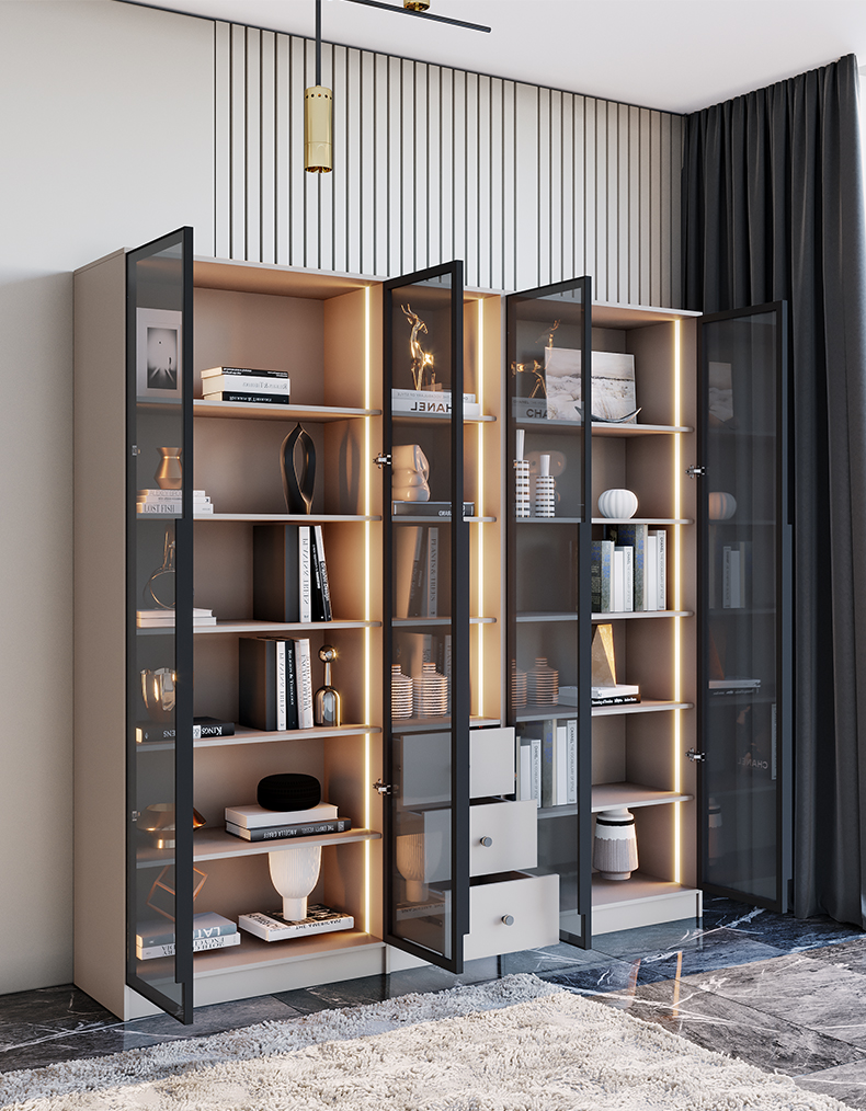 轻奢玻璃门书柜一体靠墙简约现代书房带灯展示柜卧室储物柜置物柜16米