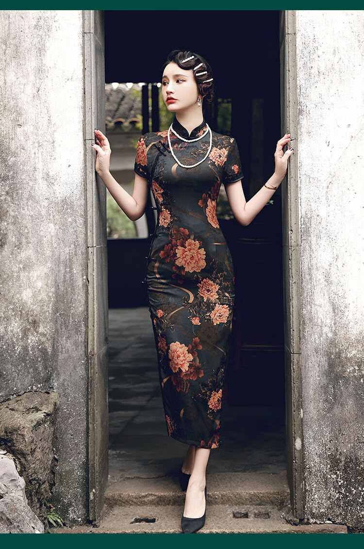 瑞品韩女军阀太太旗袍轻款复古民国风老上海黑色长款高端性感女 红色