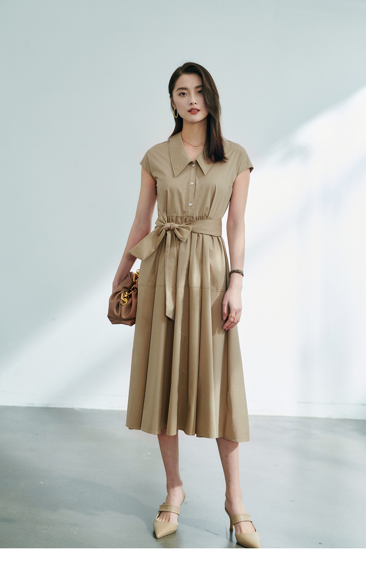 初棉 腰间抽褶法式气质茶歇裙女设计感小众 无袖衬衫领初恋连衣裙