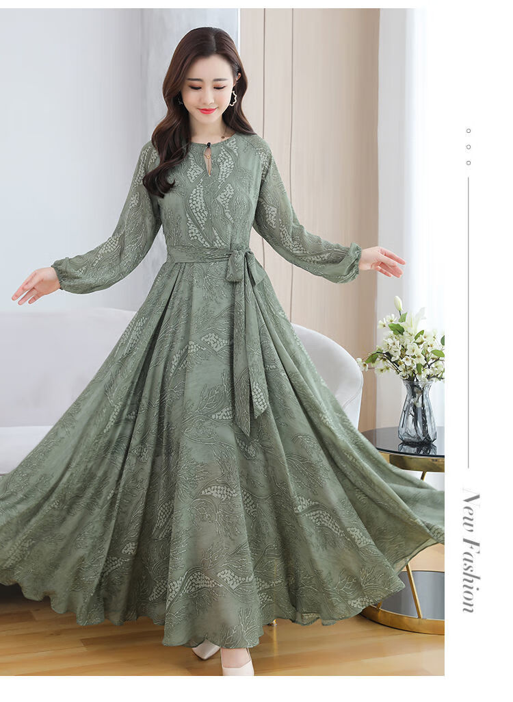 碎花雪纺长袖连衣裙女年新款春秋长款长裙秋装气质裙大摆裙子s88绿色