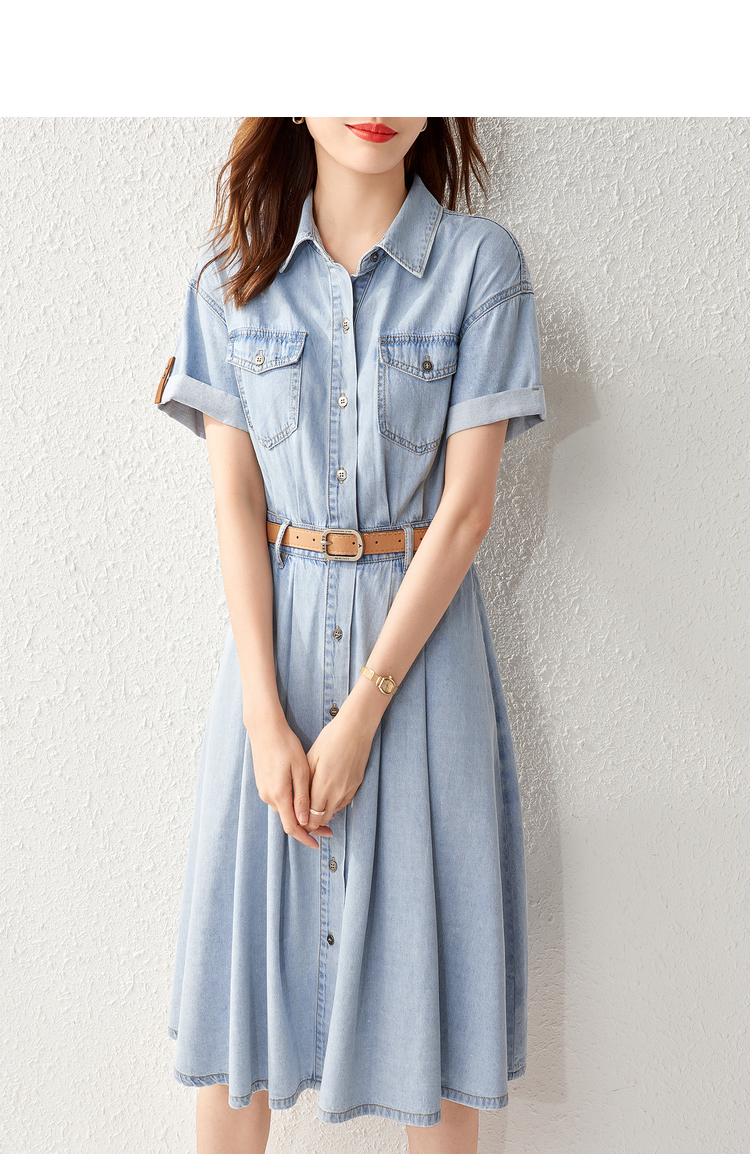 打造出一件实穿派的牛仔连衣裙 全开襟单排扣连衣裙款式版型 配上一条