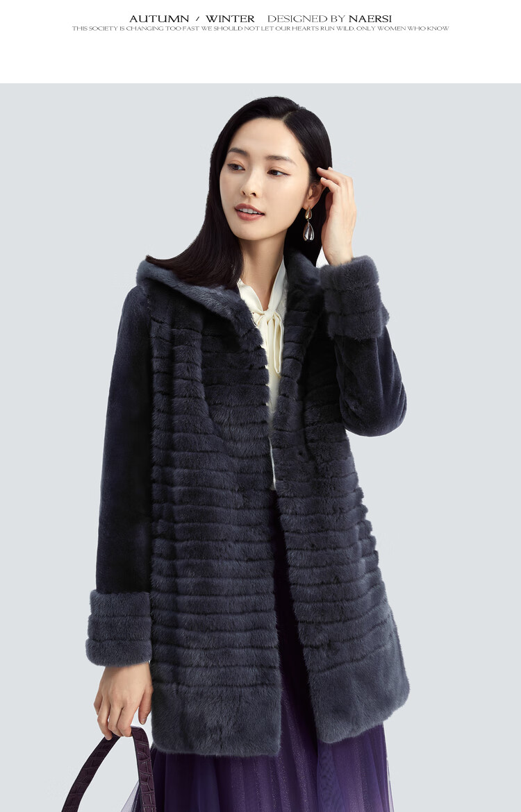 娜尔思(naersi) 水貂毛气质奢华连帽皮草女2022冬季新长款裘皮外套 中