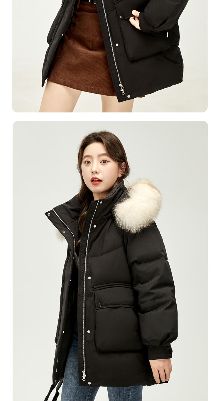 SNOWFLYING Women's Mid-Length Hooded Down Jacket with Fashionable Large Fur Collar, Casual Versatile Thickened Warm Cold-Resistant Down Coat 11