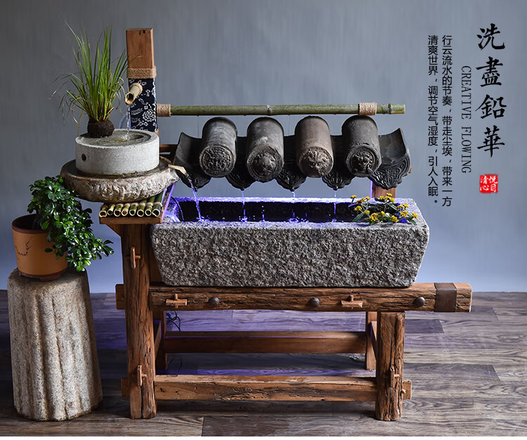 庭院石缸景观旧石头鱼缸花盆猪槽阳台水景组合sn5525直边槽长4055厘米