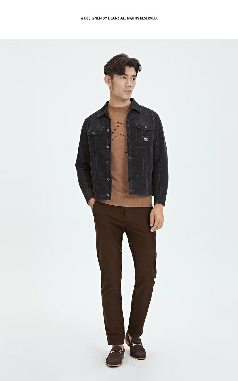 利郎男装夹克男格子翻领2021秋季新款时尚减龄帅潮流男茄克外套 黑色