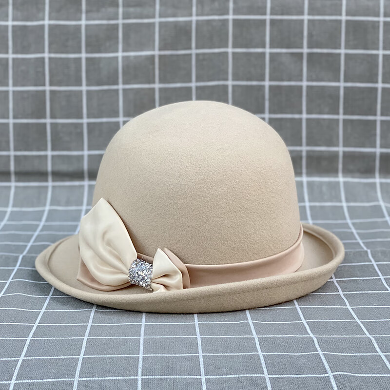 yunsijun 秋冬新款优雅复古羊毛呢圆顶卷沿小礼帽女士时尚蝴蝶结碎钻