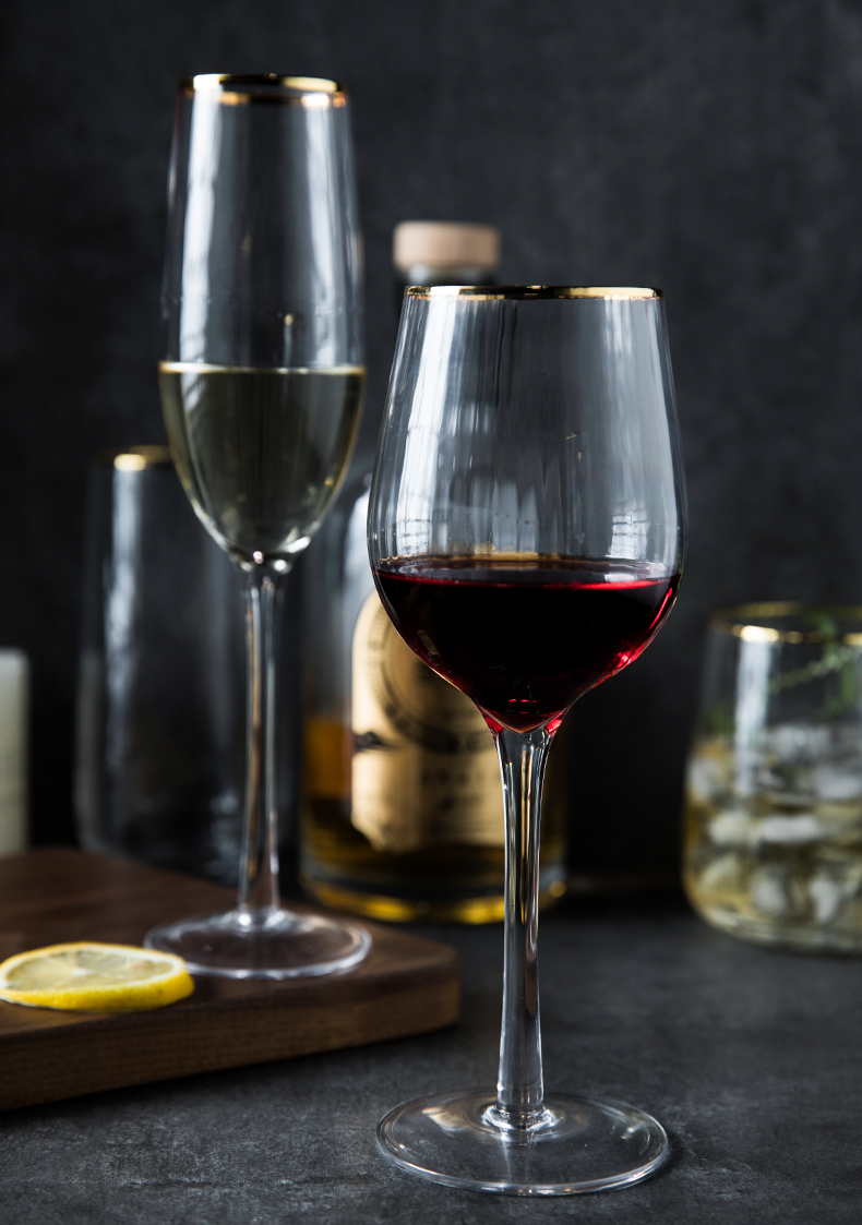 日式红酒杯创意竖条纹葡萄酒杯家用小高脚杯洋酒杯子金边竖条纹香槟杯