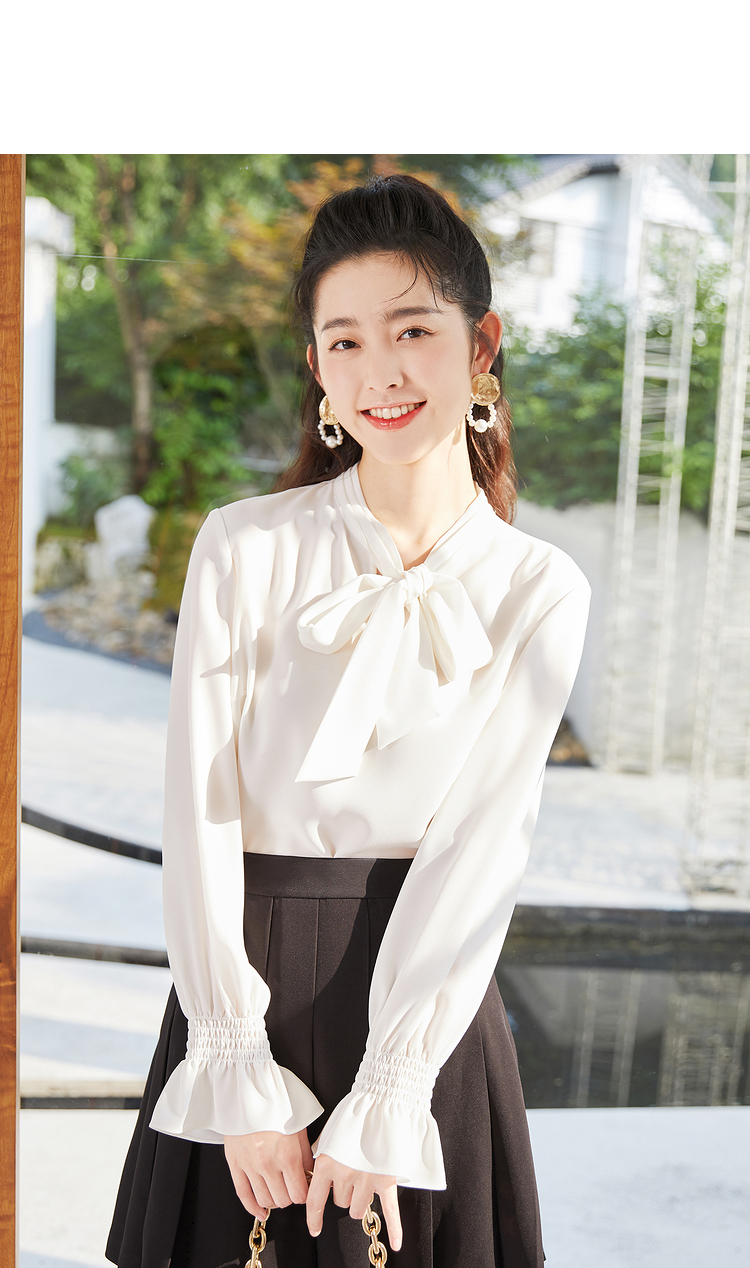 红袖喇叭袖雪纺衫秋季2021新款女装蝴蝶结飘带白衬衫 本白001 xl