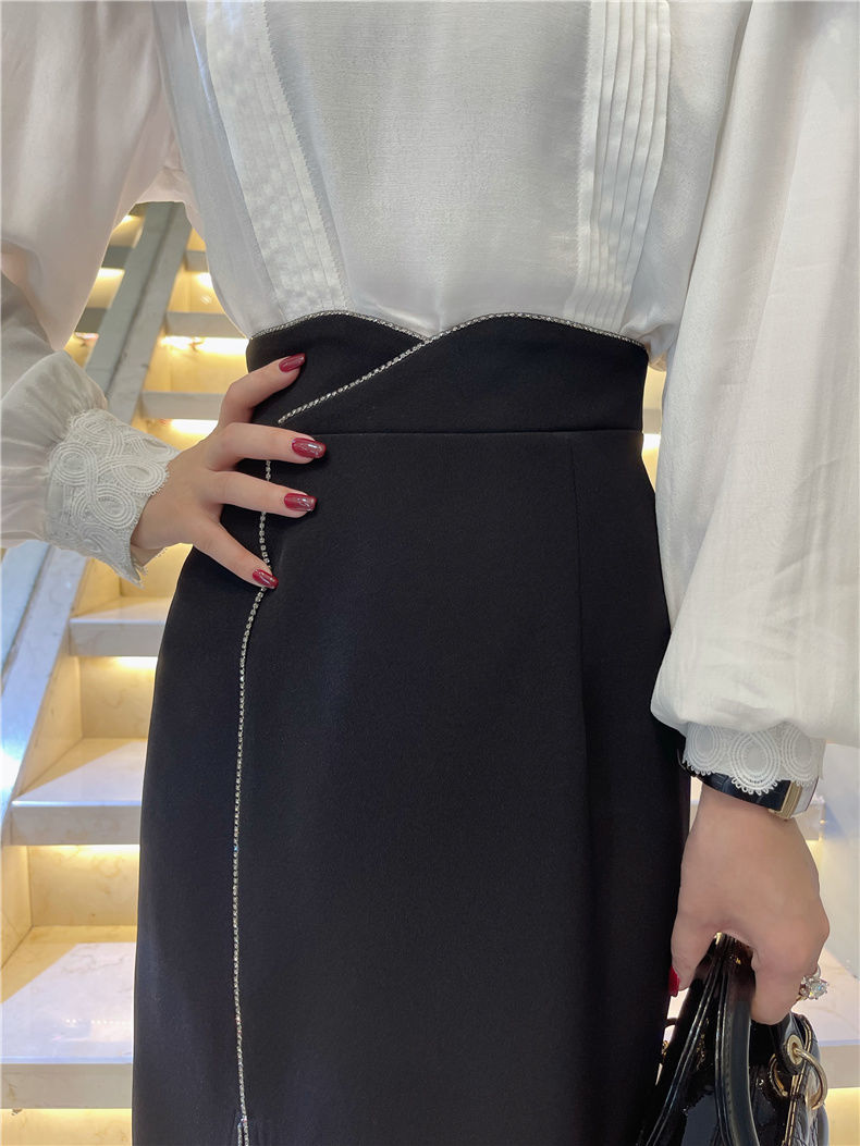 春秋新款开衩半身裙镶钻遮肚子中长裙气质包臀裙女裙子黑色l104113斤