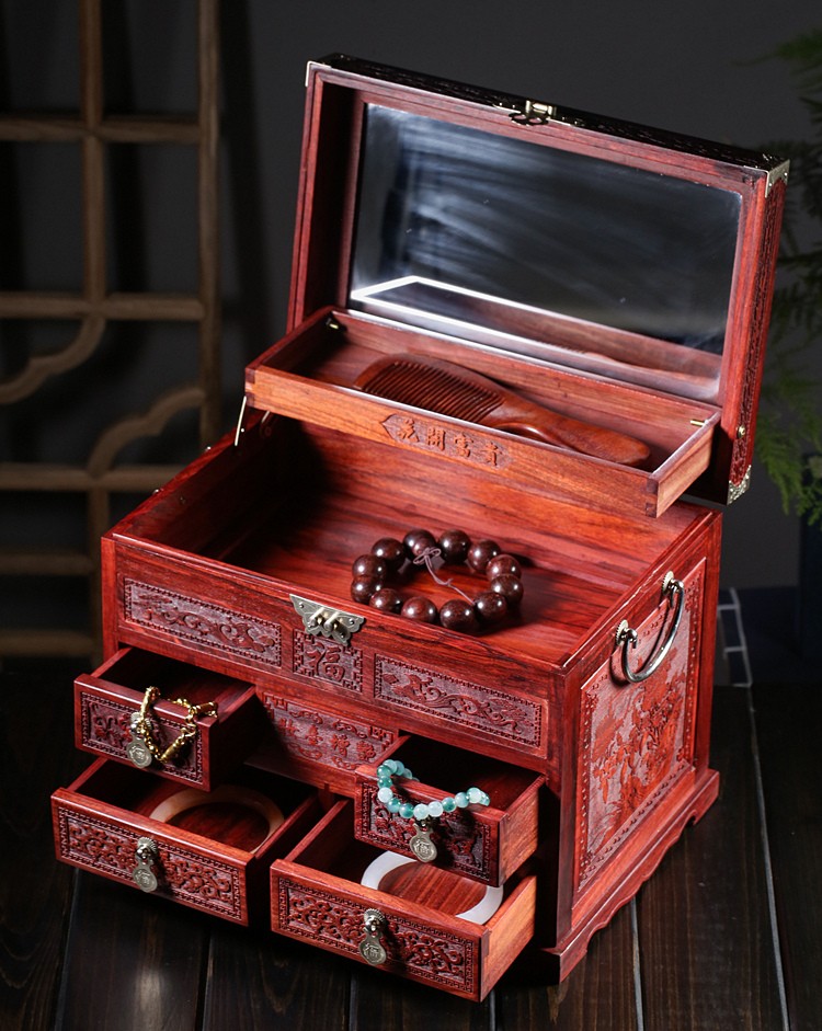 品质好物中式红木首饰收纳盒复古风梳妆饰品盒实木制带锁化妆镜箱结婚