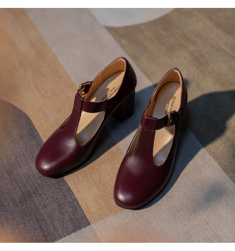 雅鹿丁字鞋女法式玛丽珍皮单鞋子女2022春粗高跟丁字扣带复古英伦风