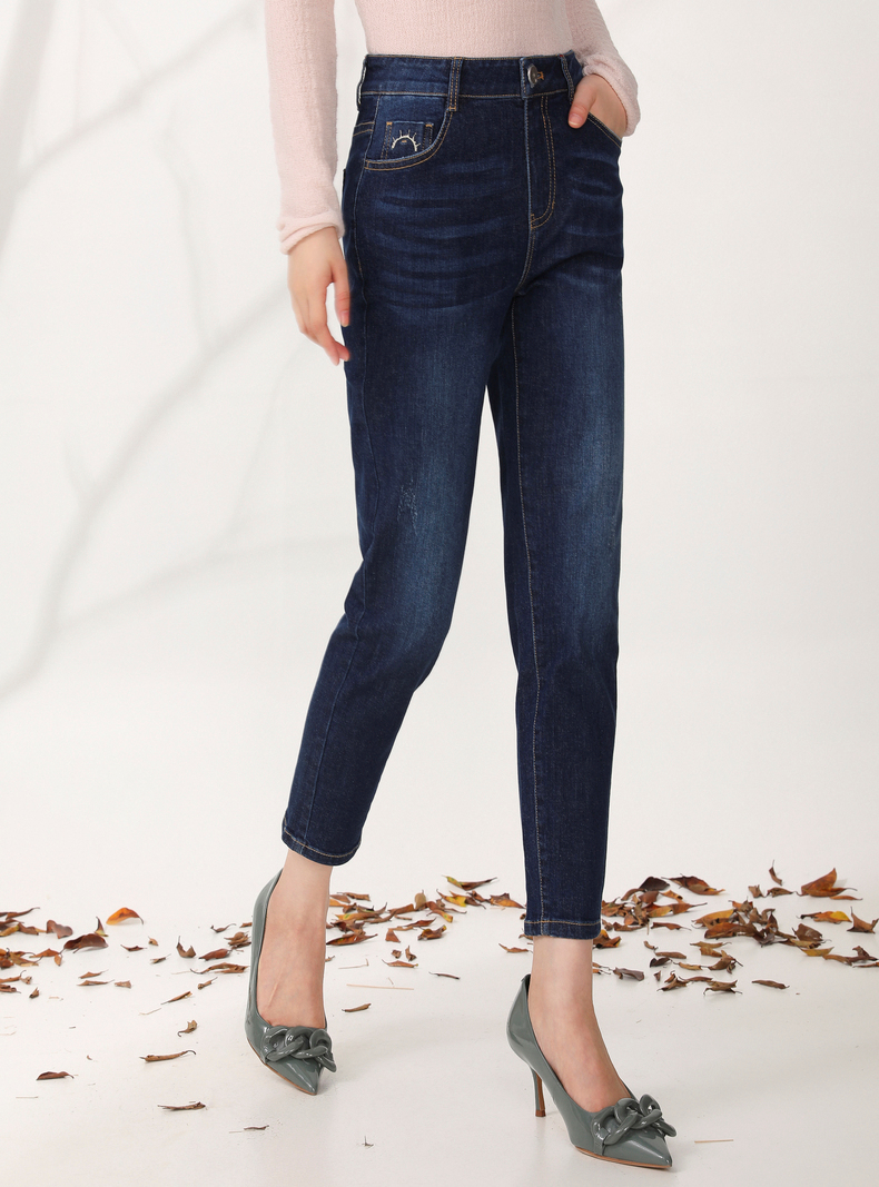 yifini易菲2021秋季新款深蓝色牛仔裤女高腰修身显瘦直筒小脚裤2101k