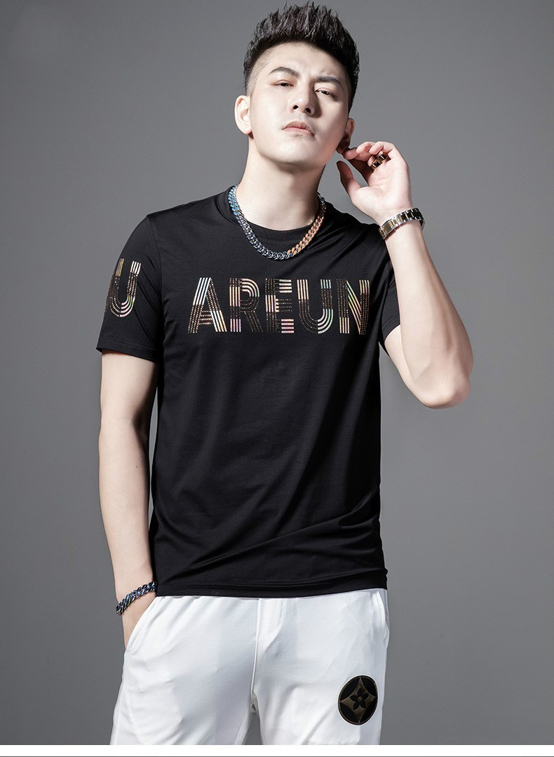 hteec香港潮牌短袖男夏季新款冰感潮流修身港风字母烫钻纯棉t恤男黑色