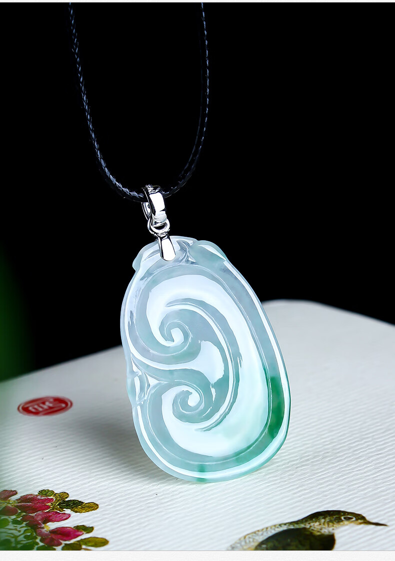 百博翡翠如意吊坠女冰种飘花吉祥如意玉坠18k金镶嵌天然玉石a货带证