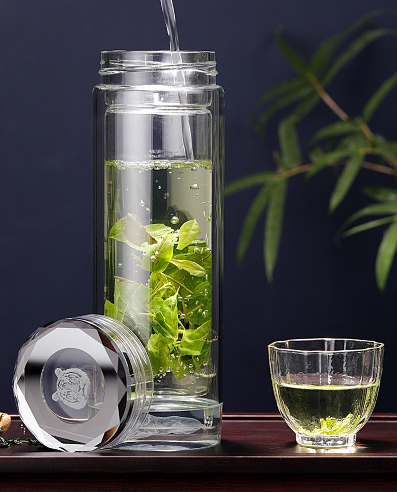 特百惠同款双层玻璃杯男高档加厚便携水杯透明水晶泡茶杯子定制刻字印