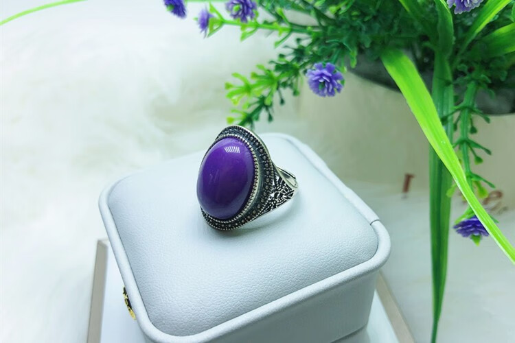 朴春(puchun)天然美国紫云母戒指 女925银戒指活口 大颗粒大戒面大气